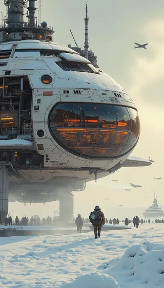 A detailed digital illustration of a futuristic spaceship partially covered in snow with a large dome structure, antennas, and broken windows, set on a vast snow-covered ground under a pale blue sky with planes in the distance.