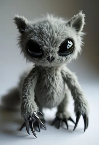 Handmade gray plush toy with large glossy black eyes and sharp metallic claws, standing on two legs against a blurred white and gray background.