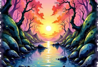 A vibrant sunrise with orange, teal, and lilac hues over a small volcanic island featuring rocky shores, overgrown vegetation, and leafless trees, evoking a mysterious and whimsical 70s sci-fi atmosphere.