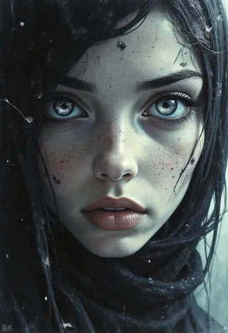 Closeup haunting portrait of a woman with pale ashen complexion, large piercing silver eyes, dark hair, and a misty, shadowed background conveying ghostly presence.