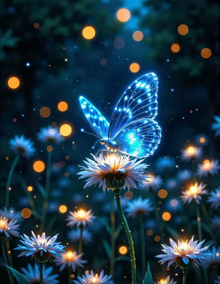 A glowing blue butterfly with crystal-like wings perched on softly illuminated magical flowers, set against a dark blue night sky with golden bokeh lights.