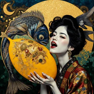 A plasma-themed Japanese portrait featuring a woman holding an intricate punk mango, alongside a laughing black-toned fish, with goldleaf and rainforest colored decorative details.