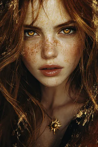Close-up portrait of a woman with glowing golden-amber eyes, freckled bronze-toned skin, chestnut hair with golden highlights, and a sun-shaped pendant necklace.