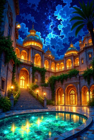 Golden spired celestial palace illuminated under a vibrant star-filled night sky with intricate Indo-Persian and baroque architecture surrounding a glowing reflecting pool.