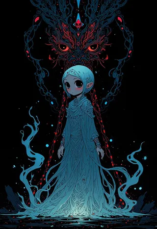 A mysterious girl with large eyes and intricate blue flowing robes stands before a dark background with glowing red eyes and abstract swirling patterns.