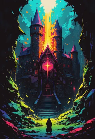 A medieval castle illuminated by vivid chromatic distortion and shattered light effects, with a mysterious figure standing before stone steps.