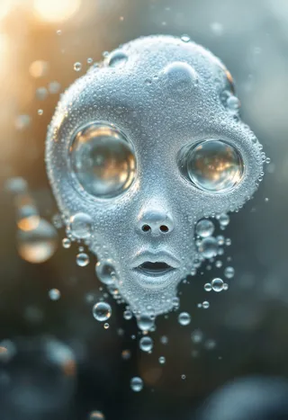Ultra realistic close-up of condensation forming a face-like shape with intricate water droplets and prismatic reflections, captured with macro focus and shallow depth of field.