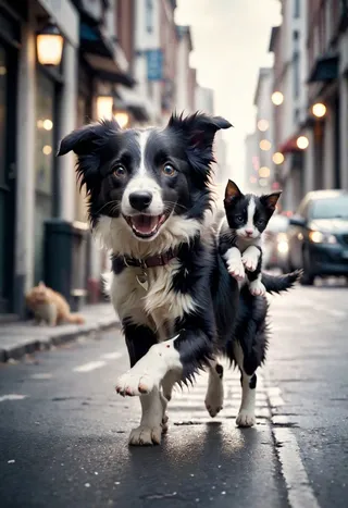 Cinematic image of a border collie running joyfully on a city street while carrying a kitten with its paws, with blurred background and bokeh lights.