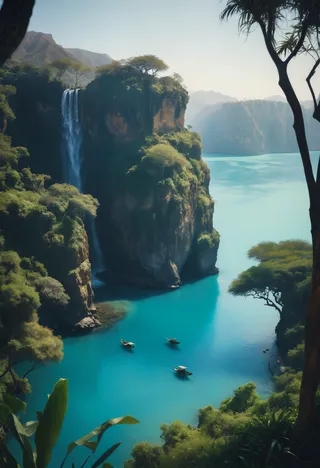 Scenic oasis in the Indian Ocean with a tall waterfall cascading down cliffs, turquoise water with small boats, and lush green trees surrounding the area under clear sky.