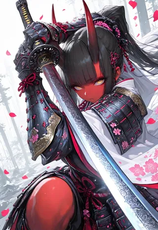 A red-skinned oni girl wearing detailed Japanese samurai armor with black and red accents, holding an intricately engraved katana in a fighting stance, with cherry blossom petals falling around her.