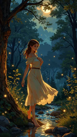 Anime-style artwork of a young woman barefoot in a forest clearing at dusk, surrounded by glowing fireflies and moonlit stream, wearing an off-shoulder flowing ivory dress.