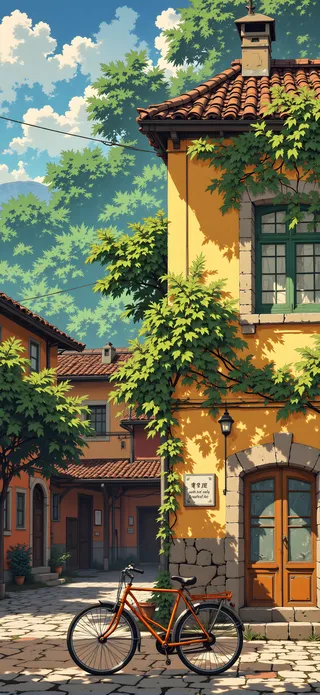Sunny old town street featuring a yellow building with green windows, climbing vines, tiled roof, and an orange bicycle parked on cobblestone pavement.