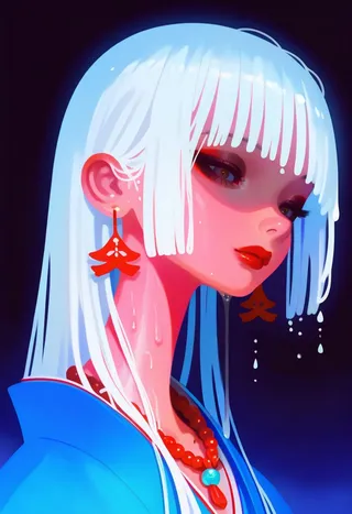 Closeup digital portrait of a Japanese shrine maiden with white wet hair, red lips, dark eyeshadow, wearing red and blue yukata, red earrings and necklaces.