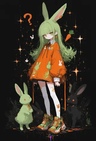 A green-haired rabbit girl with bunny ears wears an oversized orange dress with bunny motifs, white thigh-high socks, and colorful sneakers, standing amid dark background with glowing orange stars and rabbits.