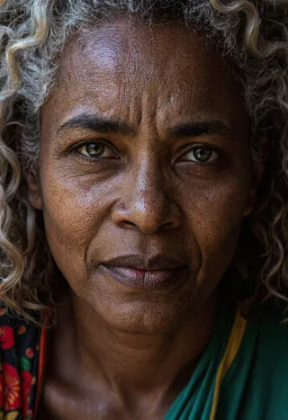 Close-up portrait of an elderly Kenyan woman with medium wavy hair and bright grey eyes, showing a shell-shocked and distraught expression.