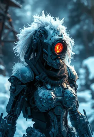 A cybernetic warrior from a frostpunk setting with mechanical arms and snow-covered white hair, featuring a glowing red robotic eye and detailed armored body.