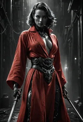 Photorealistic closeup of a half-human, half-cyborg woman in a vibrant red bathrobe wielding a samurai sword, set against a dark, smoky noir cityscape background.