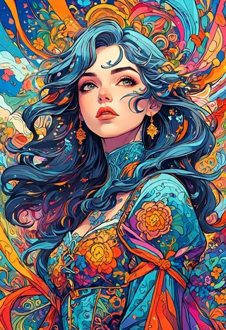 A vivid, colorful portrait of a fantasy woman with flowing blue hair, wearing an ornate floral dress with intricate linework and sharp edges.