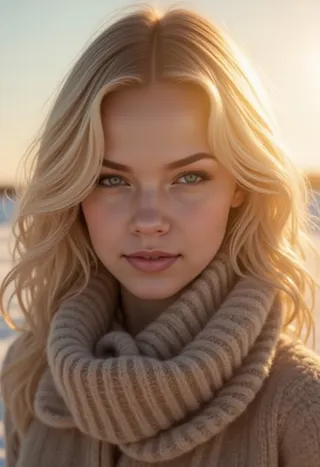 Close-up cinematic portrait of a young woman wearing a thick wool coat and scarf, with golden hour light illuminating her blonde hair and soft facial features against a snowy tundra background.