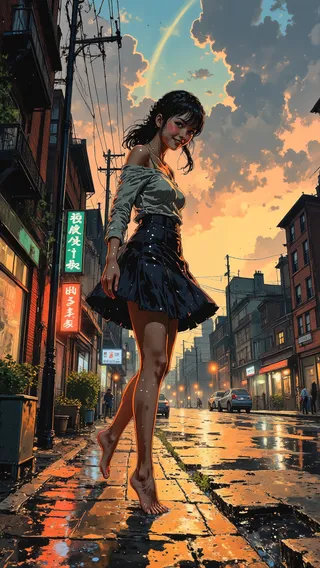 Anime-style illustration of a young woman barefoot on a wet cobblestone street at sunset, surrounded by glowing city lights and a faint rainbow in the sky.