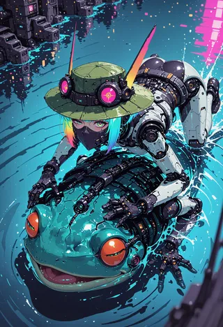 Cyberpunk android with rainbow hair and ceramic armor crouching on a large robotic frog in a bioluminescent water scene with mechanical enhancements and lilypads.