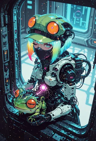 A cyberpunk android with rainbow-colored hair and orange goggles on a green cap, wearing a mechanical mask and holding a large green frog with orange eyes inside a futuristic sci-fi environment.