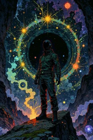 A figure in a quantum-shielded suit stands on rocky ground under a cosmic backdrop featuring a luminous black hole, swirling plasma rings, and holographic gravity data webs.