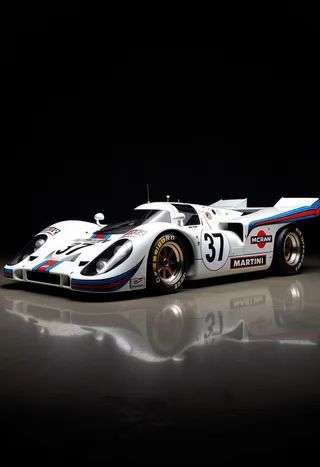 A professional photo of a Porsche 917K race car with white Martini livery, blue and red stripes, number 37, set against a dark background with directional lighting.
