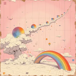 A dreamlike illustration on a vintage pink textured background featuring a vibrant but faded rainbow arch, whimsical hand-painted clouds, and a flowing sequence of colorful geometric shapes surrounded by a soft grid pattern.