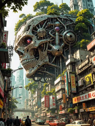 A cyberpunk urban street scene featuring a massive, mechanical skull structure covered in greenery towering over busy city buildings and pedestrians.