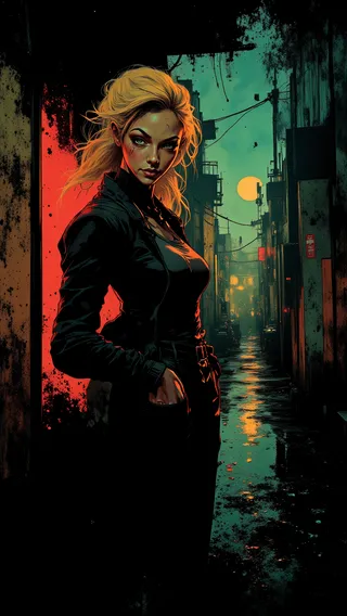 A confident blonde woman with long wavy hair stands in a dimly lit back alley, illuminated by soft neon reflections and surrounded by graffiti-covered walls, with a misty cityscape and glowing moon in the background, rendered in Dave McKean style.
