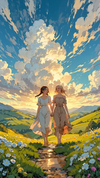 Two women holding hands walking along a sunlit meadow path with white flowers and rolling hills, under a sky filled with impressionist-style clouds.