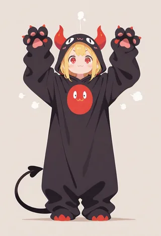 Cute blonde girl with red eyes wearing a black devil-themed kigurumi with red horns, paw gloves, and a tail, making a playful pose with hands raised.