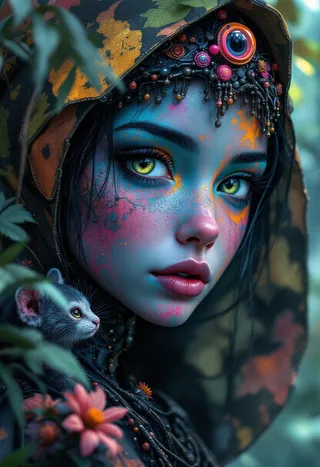 Close-up digital painting of a multicolor woman with big green eyes and an animal cyborg companion in a jungle setting, featuring detailed face paint and intricate head adornments.