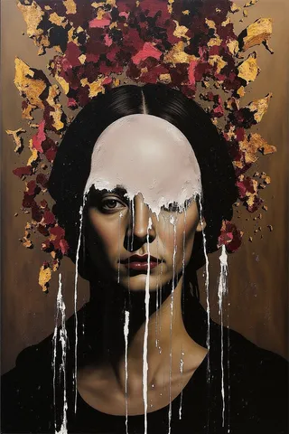 A dark portrait of a woman with black hair parted at the center, her face partially veiled by cascading white liquid paint, set against a background of fragmented red and gold motifs creating a surreal, dreamlike atmosphere.