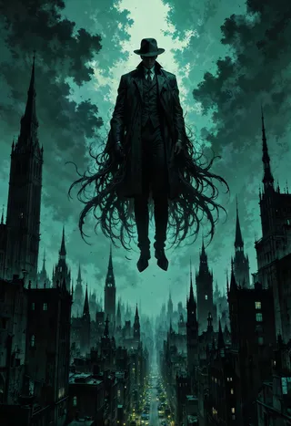 A mysterious humanoid figure wearing a suit and bowler hat hovers above a dark gothic cityscape under a cloudy teal sky, with dark tentacle-like appendages emanating from the body.