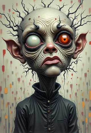 Abstract art of a creepy creature with one orange eye and one white eye, wrinkled pale skin, black twisted horn-like growths, and wearing a dark buttoned garment.