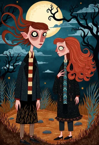 Whimsical folk art style illustration of two eerie investment bankers with wide eyes and flowing red hair, standing under a full moon on a dark, spooky night with twisted trees and glowing fireflies.