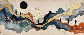 Suminagashi marbling on washi paper featuring abstract indigo and vermilion waves with gold leaf lines and black ukiyo-e silhouettes of pilgrims and fireflies.