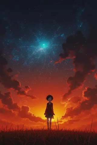 A young woman with short dark hair and one glowing blue eye stands in a golden field under a dramatic stormy sky at sunset, illuminated by vibrant colors and intricate textures.