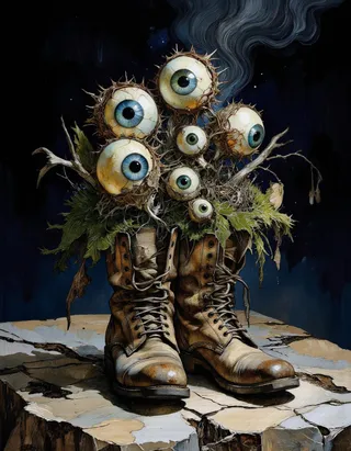 Old weathered leather boots with clusters of large, lifelike blue-green eyeballs growing from within thorn-covered, mossy pods, set in moody dark fantasy lighting.