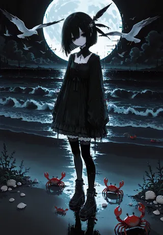 A gothic girl with black bob hair and feather ornament stands on a reflective beach under a glowing full moon, surrounded by crabs and seagulls in a dark, cold, night scene.