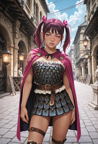 Fantasy female fighter with dark magenta side twintails, pink eyes, wearing steel lamellar armor and a Greek key patterned blue velvet cape, standing in a medieval town square under daylight with stone streets and lanterns.