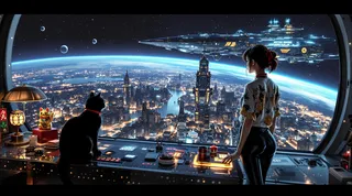A black cat with a red collar sits on a transparent, micro-LED illuminated desk beside a golden maneki neko statue and an art deco desk lamp. A young woman with messy hair tied by a ribbon, wearing a Japanese-style shirt and leather pants, looks out of a futuristic floor-to-ceiling window at a lit metropolis on a planet below, with a large deco starship and space station visible in space.