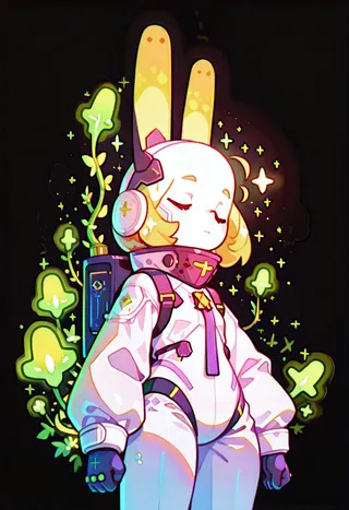 Anime-style astronaut girl with a white bunny-shaped helmet, eyes closed, wearing a white futuristic cyberpunk suit with glowing green plants and neon effects surrounding her on a black background.