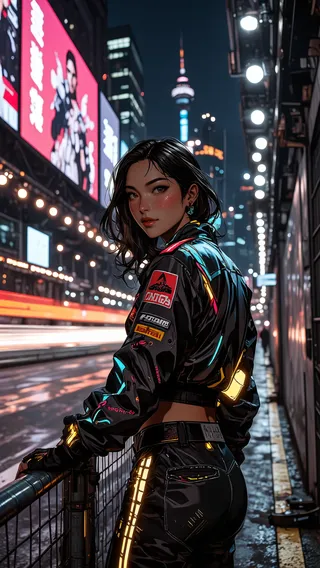 Semi-realistic anime woman with jet-black hair, wearing a neon-accented racing jacket, standing by a metal railing near a Formula 1 track in neon-lit Shanghai at night.
