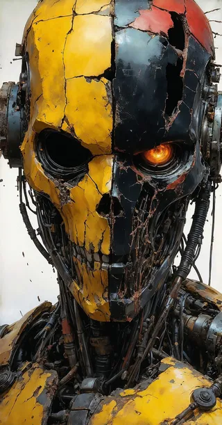 Close-up of a biomechanical cyborg with a cracked yellow and black helmet, rusted metal parts, one glowing orange eye, and a decayed, skeletal face resembling broken machinery.