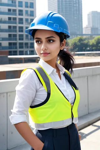A young South Asian female architect wearing a blue hard hat and yellow safety vest stands confidently at a modern urban construction site, reviewing intricate blueprints.