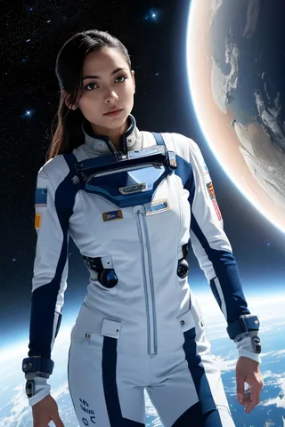 A female astronaut in a sleek white and blue space suit with agency insignia stands inside a futuristic space station, with Earth visible through a large viewport behind her, surrounded by the vastness of space.