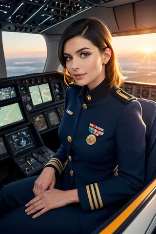 A female pilot in a navy blue uniform with golden stripes sitting confidently in the cockpit of a modern commercial airliner during sunrise.